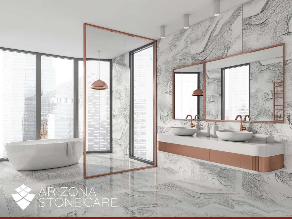 Elegant bathroom with polished marble floors, showcasing expert care and shine by Arizona Stone Care